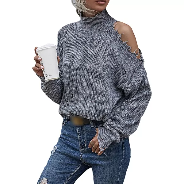 CHARTOU Women's Turtleneck Distressed Knitted Ripped Cold Shoulder Jersey Jumper Sweater
