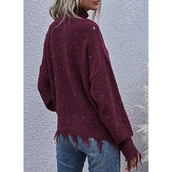 CHARTOU Women's Turtleneck Distressed Knitted Ripped Cold Shoulder Jersey Jumper Sweater