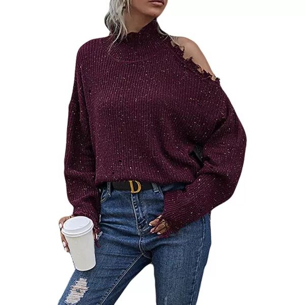 CHARTOU Women's Turtleneck Distressed Knitted Ripped Cold Shoulder Jersey Jumper Sweater