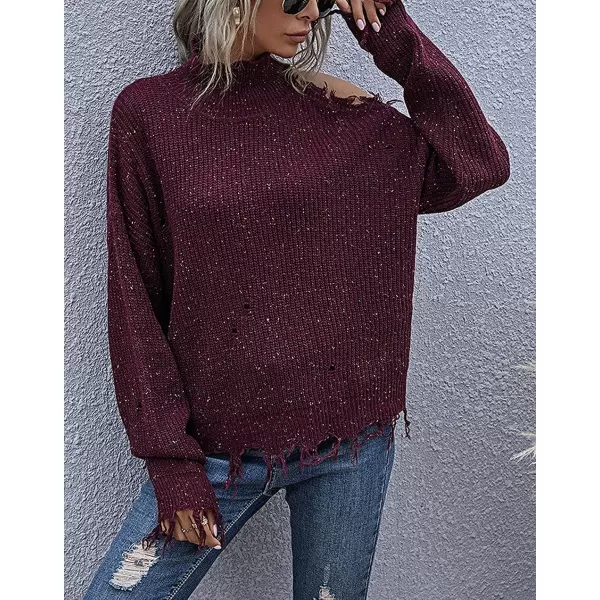 CHARTOU Women's Turtleneck Distressed Knitted Ripped Cold Shoulder Jersey Jumper Sweater