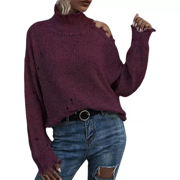 CHARTOU Women's Turtleneck Distressed Knitted Ripped Cold Shoulder Jersey Jumper Sweater