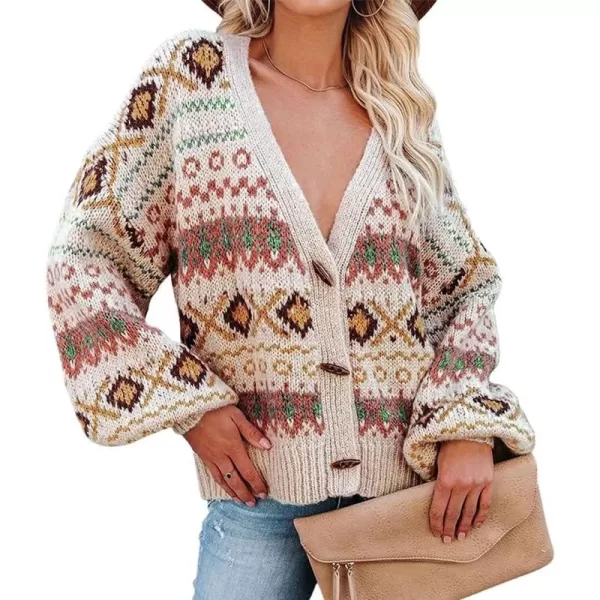 CHARTOU Women's V Neck Toggle Button Lantern Sleeve Aztec Open Front Cardigan Sweater