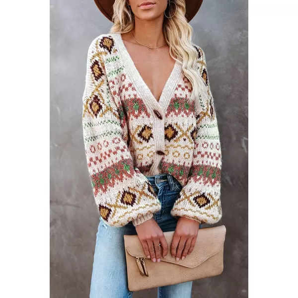 CHARTOU Women's V Neck Toggle Button Lantern Sleeve Aztec Open Front Cardigan Sweater