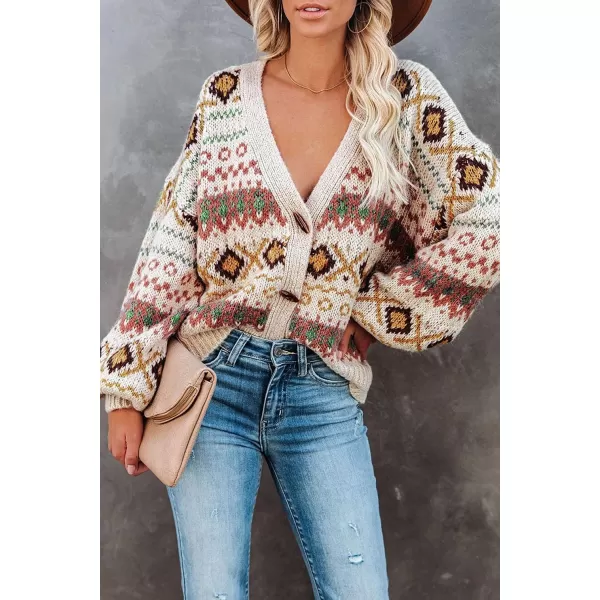 CHARTOU Women's V Neck Toggle Button Lantern Sleeve Aztec Open Front Cardigan Sweater