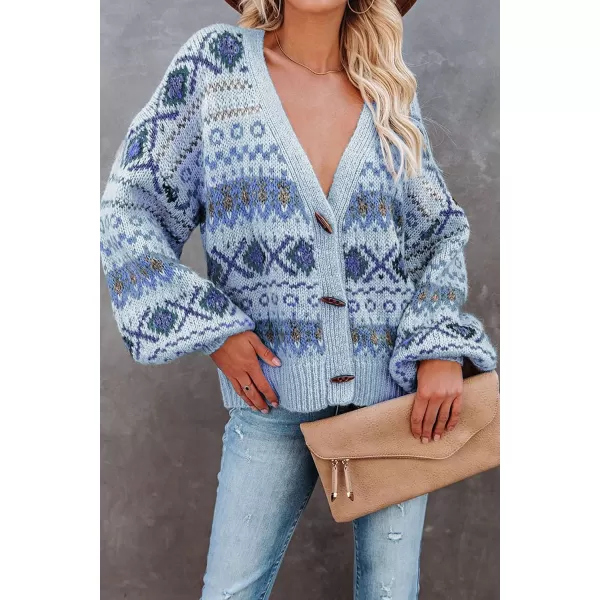 CHARTOU Women's V Neck Toggle Button Lantern Sleeve Aztec Open Front Cardigan Sweater
