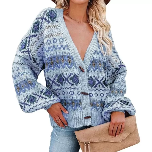 CHARTOU Women's V Neck Toggle Button Lantern Sleeve Aztec Open Front Cardigan Sweater