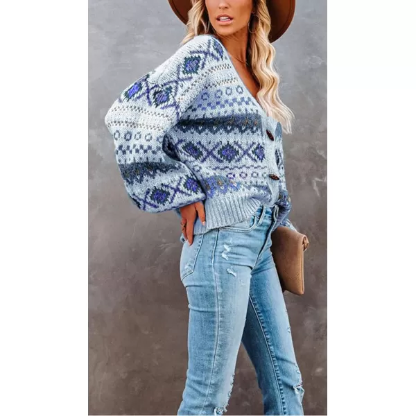 CHARTOU Women's V Neck Toggle Button Lantern Sleeve Aztec Open Front Cardigan Sweater