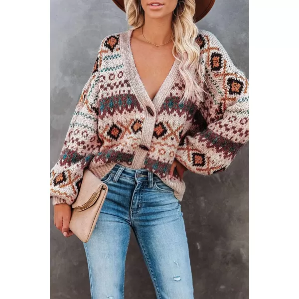 CHARTOU Women's V Neck Toggle Button Lantern Sleeve Aztec Open Front Cardigan Sweater