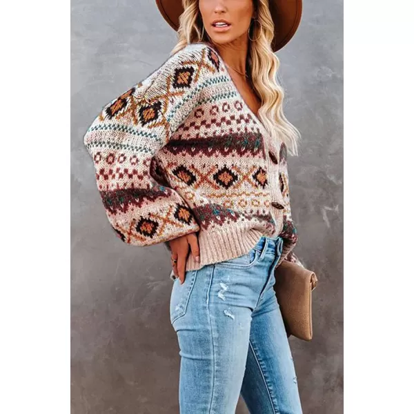 CHARTOU Women's V Neck Toggle Button Lantern Sleeve Aztec Open Front Cardigan Sweater