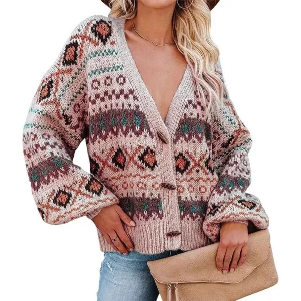 CHARTOU Women's V Neck Toggle Button Lantern Sleeve Aztec Open Front Cardigan Sweater
