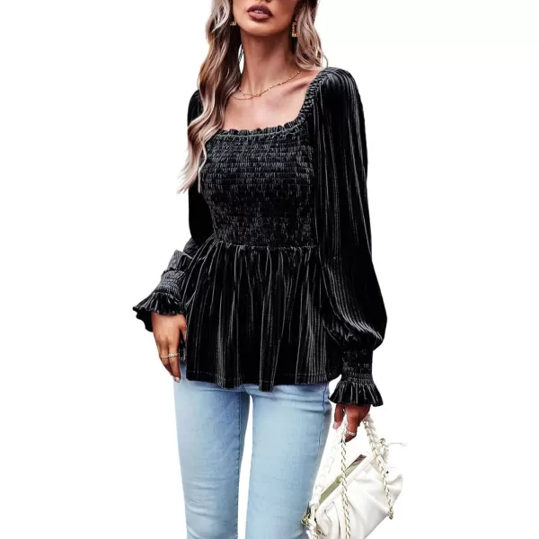 CHARTOU Women's Velvet Ruched Square Neck Long Sleeve Smocked Peplum Blouse Shirt Tops