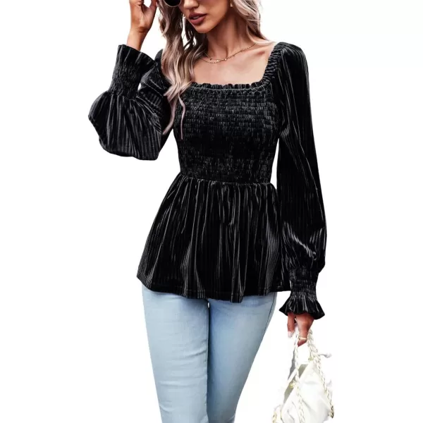 CHARTOU Women's Velvet Ruched Square Neck Long Sleeve Smocked Peplum Blouse Shirt Tops