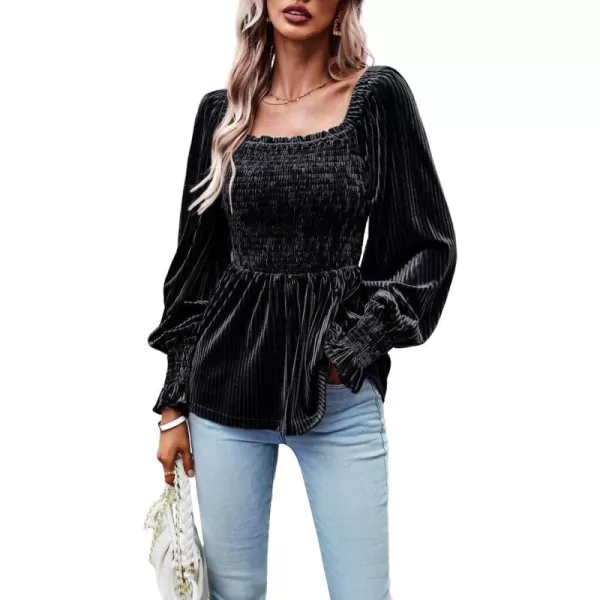 CHARTOU Women's Velvet Ruched Square Neck Long Sleeve Smocked Peplum Blouse Shirt Tops