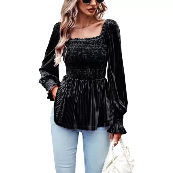 CHARTOU Women's Velvet Ruched Square Neck Long Sleeve Smocked Peplum Blouse Shirt Tops