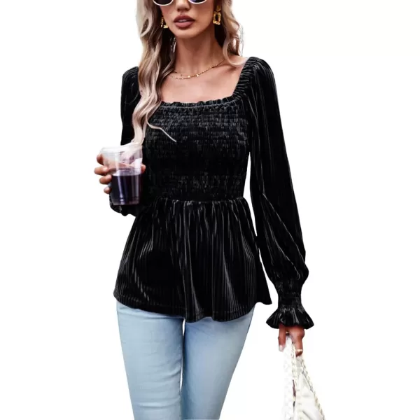 CHARTOU Women's Velvet Ruched Square Neck Long Sleeve Smocked Peplum Blouse Shirt Tops