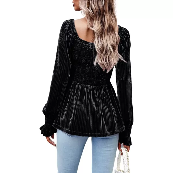 CHARTOU Women's Velvet Ruched Square Neck Long Sleeve Smocked Peplum Blouse Shirt Tops