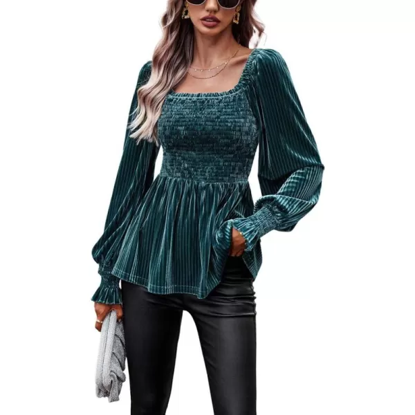 CHARTOU Women's Velvet Ruched Square Neck Long Sleeve Smocked Peplum Blouse Shirt Tops