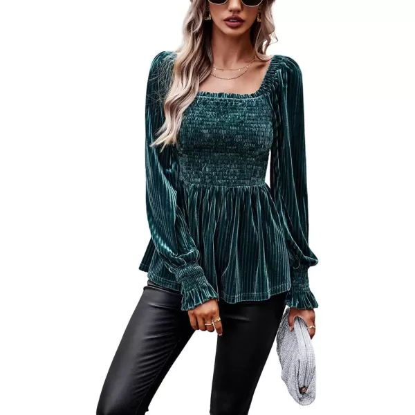 CHARTOU Women's Velvet Ruched Square Neck Long Sleeve Smocked Peplum Blouse Shirt Tops