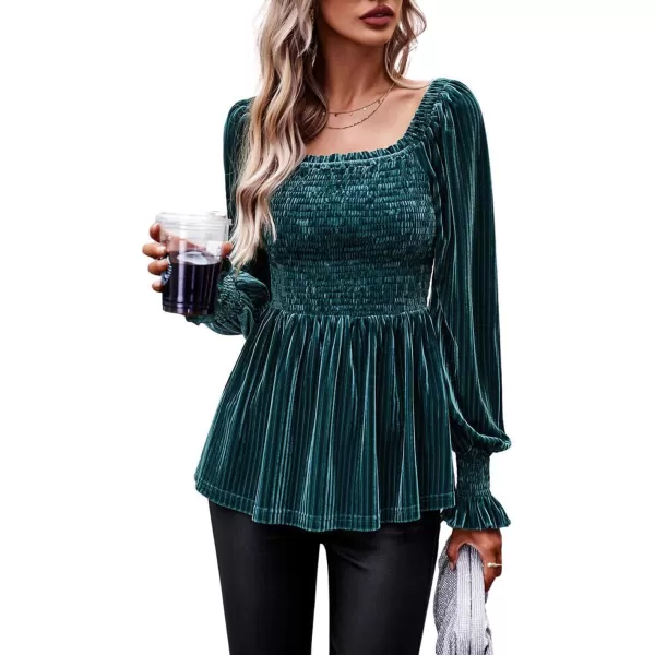 CHARTOU Women's Velvet Ruched Square Neck Long Sleeve Smocked Peplum Blouse Shirt Tops