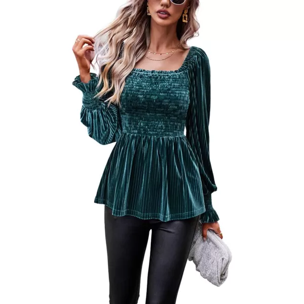 CHARTOU Women's Velvet Ruched Square Neck Long Sleeve Smocked Peplum Blouse Shirt Tops