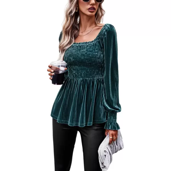 CHARTOU Women's Velvet Ruched Square Neck Long Sleeve Smocked Peplum Blouse Shirt Tops