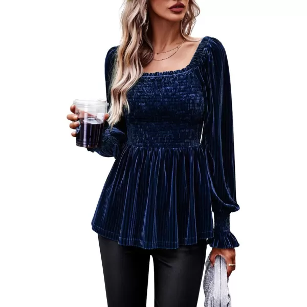 CHARTOU Women's Velvet Ruched Square Neck Long Sleeve Smocked Peplum Blouse Shirt Tops