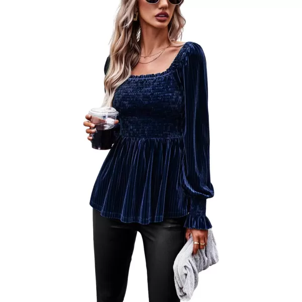 CHARTOU Women's Velvet Ruched Square Neck Long Sleeve Smocked Peplum Blouse Shirt Tops