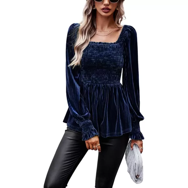 CHARTOU Women's Velvet Ruched Square Neck Long Sleeve Smocked Peplum Blouse Shirt Tops
