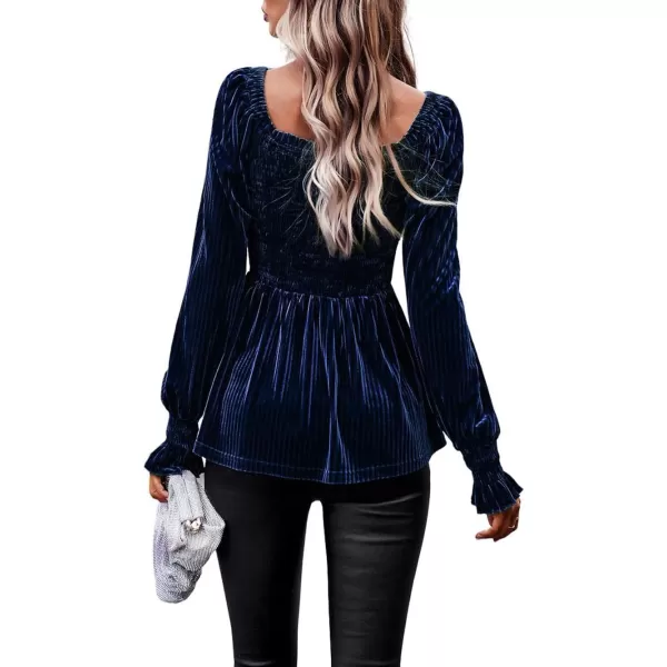 CHARTOU Women's Velvet Ruched Square Neck Long Sleeve Smocked Peplum Blouse Shirt Tops