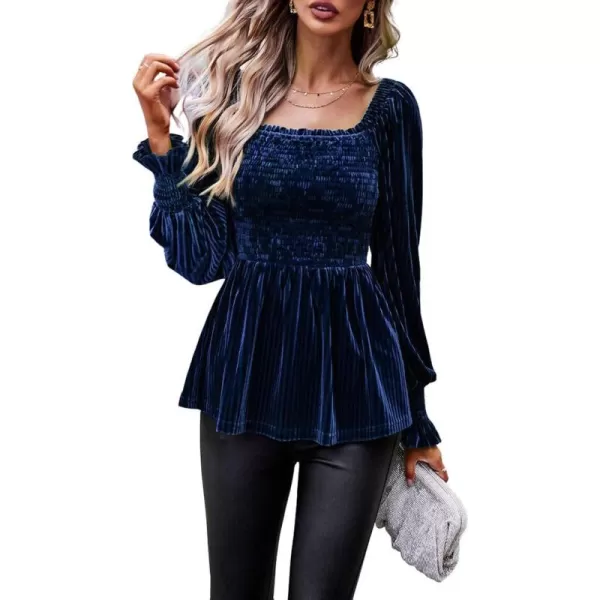 CHARTOU Women's Velvet Ruched Square Neck Long Sleeve Smocked Peplum Blouse Shirt Tops