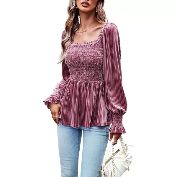 CHARTOU Women's Velvet Ruched Square Neck Long Sleeve Smocked Peplum Blouse Shirt Tops