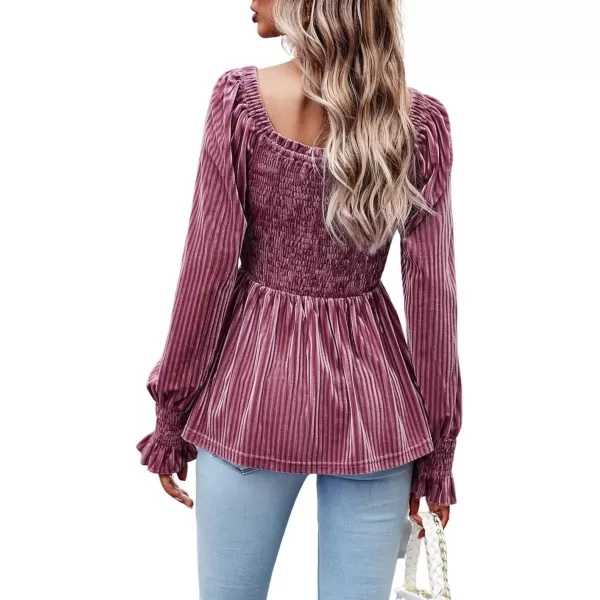 CHARTOU Women's Velvet Ruched Square Neck Long Sleeve Smocked Peplum Blouse Shirt Tops