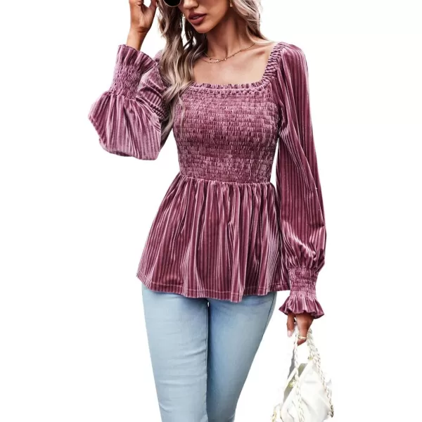 CHARTOU Women's Velvet Ruched Square Neck Long Sleeve Smocked Peplum Blouse Shirt Tops
