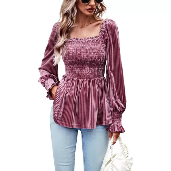 CHARTOU Women's Velvet Ruched Square Neck Long Sleeve Smocked Peplum Blouse Shirt Tops