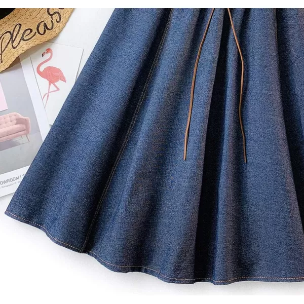 CHARTOU Women's Vintage Lace Up Elastic Waist Flared Pleated A-Line Midi Denim Skater Skirt