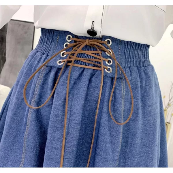 CHARTOU Women's Vintage Lace Up Elastic Waist Flared Pleated A-Line Midi Denim Skater Skirt