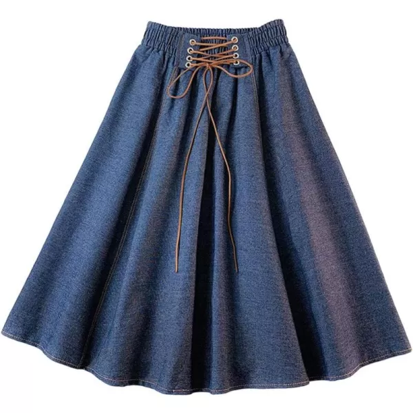 CHARTOU Women's Vintage Lace Up Elastic Waist Flared Pleated A-Line Midi Denim Skater Skirt
