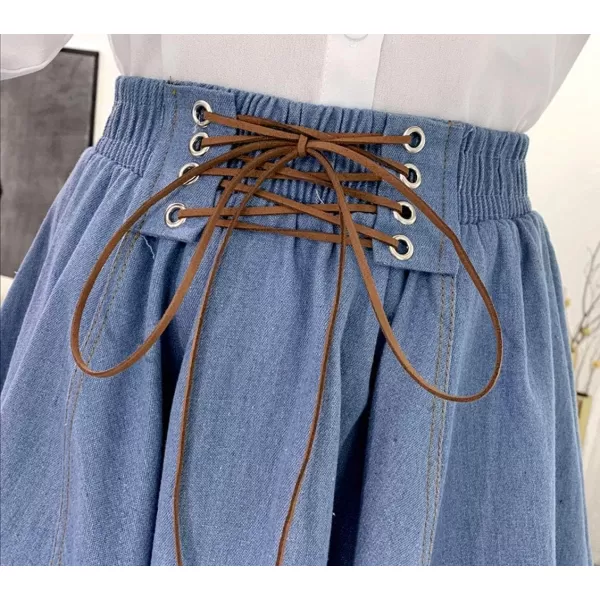CHARTOU Women's Vintage Lace Up Elastic Waist Flared Pleated A-Line Midi Denim Skater Skirt