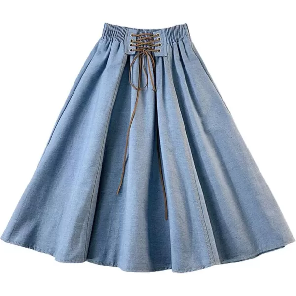 CHARTOU Women's Vintage Lace Up Elastic Waist Flared Pleated A-Line Midi Denim Skater Skirt