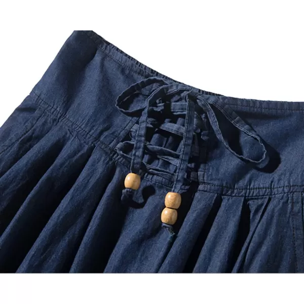 CHARTOU Women's Vintage Washed Lace Up High Waist Shirring A-Line Denim Jean Pleated Long Skirt