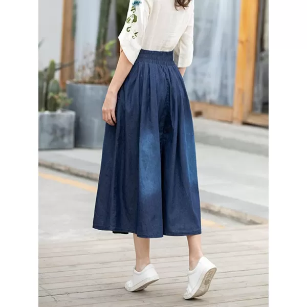 CHARTOU Women's Vintage Washed Lace Up High Waist Shirring A-Line Denim Jean Pleated Long Skirt