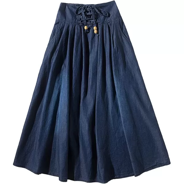 CHARTOU Women's Vintage Washed Lace Up High Waist Shirring A-Line Denim Jean Pleated Long Skirt