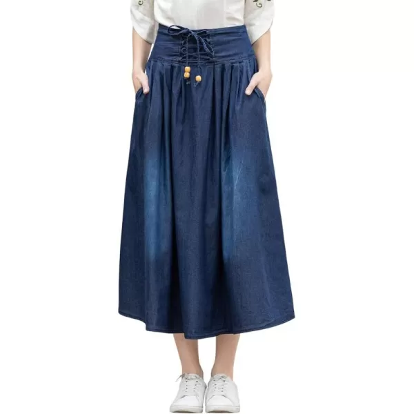 CHARTOU Women's Vintage Washed Lace Up High Waist Shirring A-Line Denim Jean Pleated Long Skirt