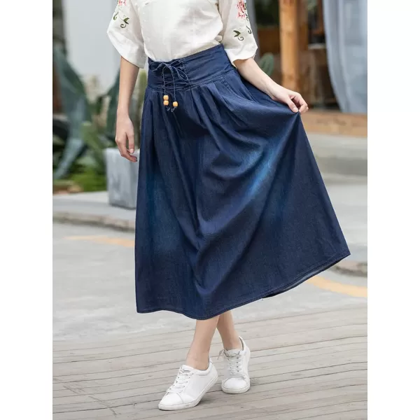 CHARTOU Women's Vintage Washed Lace Up High Waist Shirring A-Line Denim Jean Pleated Long Skirt
