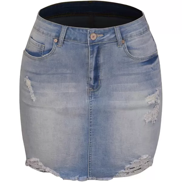 CHARTOU Women's Washed Distressed Broken Mid Waist Frayed Ripped Denim Jean Thigh Length Pencil Skirt