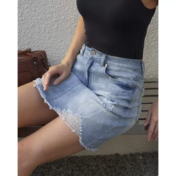 CHARTOU Women's Washed Distressed Broken Mid Waist Frayed Ripped Denim Jean Thigh Length Pencil Skirt