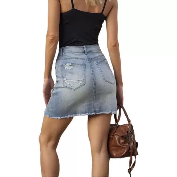 CHARTOU Women's Washed Distressed Broken Mid Waist Frayed Ripped Denim Jean Thigh Length Pencil Skirt