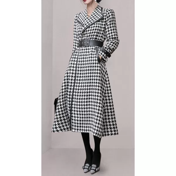 CHARTOU Women's Winter Lapel Collar Houndstooth Plaid Wool Blend Long Jacket Trench Coats with Belt