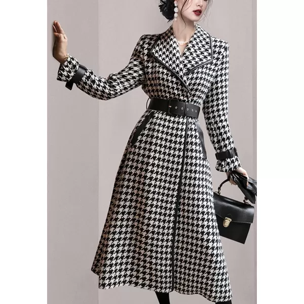 CHARTOU Women's Winter Lapel Collar Houndstooth Plaid Wool Blend Long Jacket Trench Coats with Belt