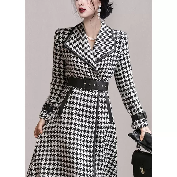CHARTOU Women's Winter Lapel Collar Houndstooth Plaid Wool Blend Long Jacket Trench Coats with Belt